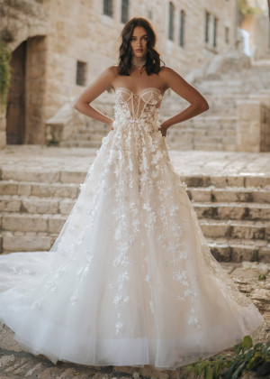 Beaded Ivory Lace Tulle Floral Chic Wedding Dress